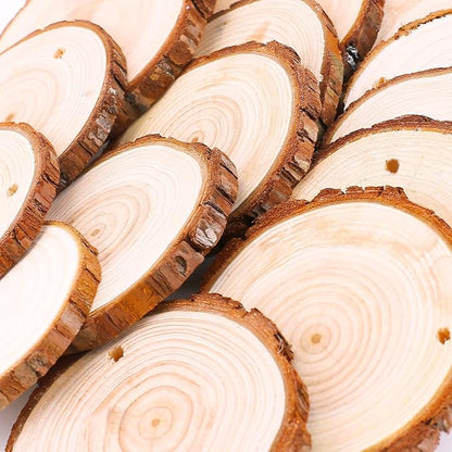 Fuyit Unfinished Wood Slices with Hole, Drilled Wooden Circle for Crafts 30pcs 2.4-2.8 inch Slices, Natural Original Barks, Christmas Ornaments, Hanging Home Decor, DIY Painting & Lettering Projects