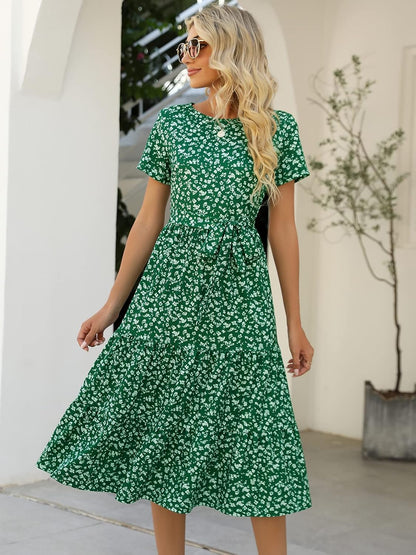 Women's Dresses Casual Summer Tiered Midi Dress Short Sleeve Belted Ruffle Babydoll Boho Sundress with Pockets
