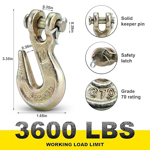 G70 14 Chain Hook Heavy Duty Clevis Grab Hook for 14 Inch Grade 70 Chain - for Trailer Truck Transport Yellow Chromate Finish (4Pack)