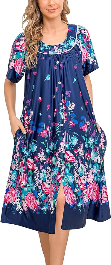YOZLY House Dress for Women Short Sleeve House Coat Mumu Duster Robe with Pockets