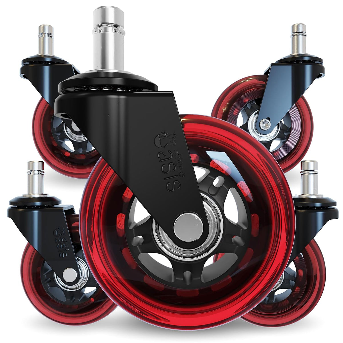 The Office Oasis Original Rollerblade Office Chair Wheels (3 Wheels) - Smooth & Quiet Casters - Safe for Hardwood Floors & Carpet - Easy Installation with Universal Fit - Set of 3 - Red