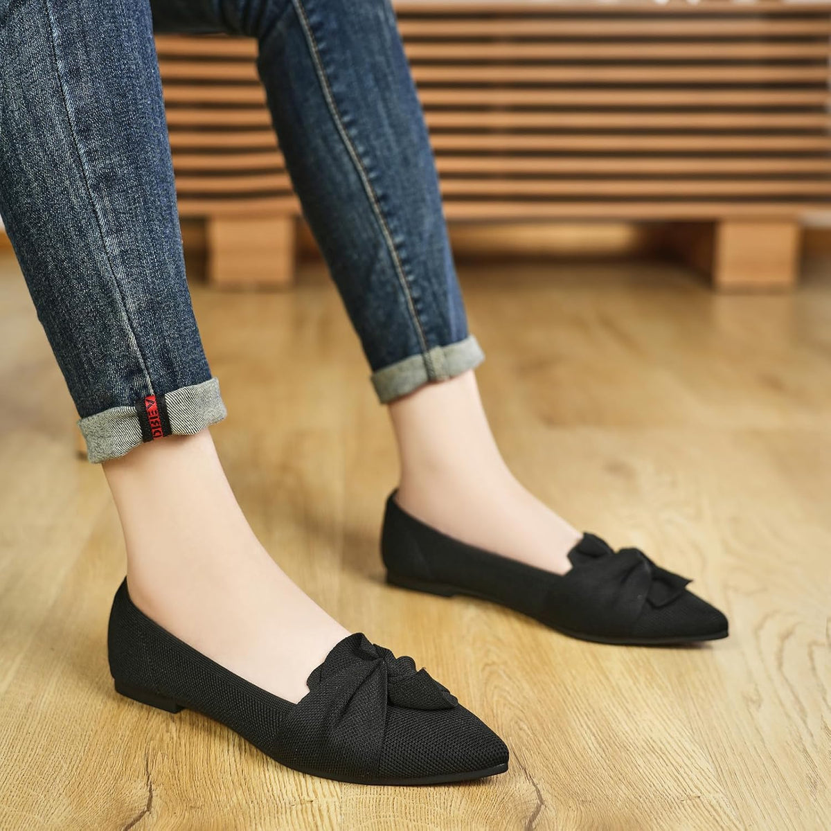 HIULYCENCE Flats for Women Pointed Toe Ballet Flats | Comfortable Knit Breathable Dressy Casual Flats with Bow for Business Work Office Walking Flat Shoes