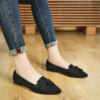 HIULYCENCE Flats for Women Pointed Toe Ballet Flats | Comfortable Knit Breathable Dressy Casual Flats with Bow for Business Work Office Walking Flat Shoes