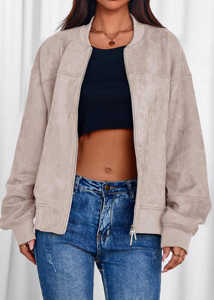 Women's Faux Suede Bomber Jackets Fall Fashion Outfits Winter Clothes Stand Collar Zip Up Coats Outwear