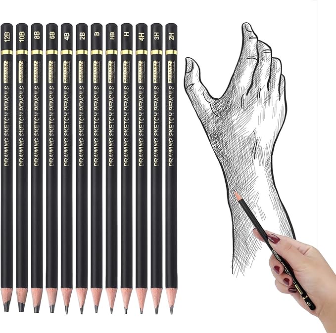 RVOGJP TAMATA Professional Drawing Sketching Pencil Set - 12 Pieces Art Graphite Pencils(12B - 4H), Ideal for Drawing Art, Sketching, Shading, for Beginners & Pro Artists