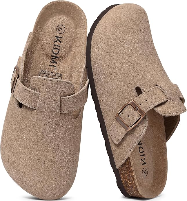 KIDMI suede clogs with cork footbed, arch support, adjustable straps, and non-slip sole for comfortable all-day wear.