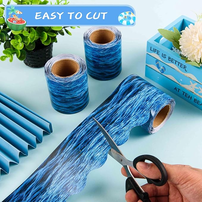 AWIZOM 99 Feet Ocean Waves Bulletin Board Border Blue Ocean Theme Scalloped Border Trim Beach Classroom Decorations for Under The Sea Summer Boho Back to School Theme Party Classroom Decor
