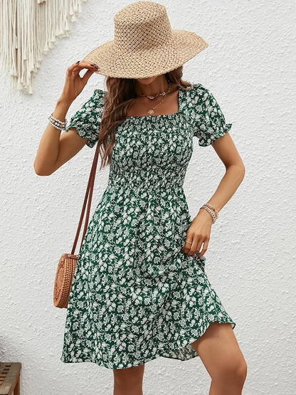 Berydress Women's Summer Dresses 2025 Pockets Short Sleeve Square Neck Flowy A Line Casual Boho Smocked Mini Sun Dress