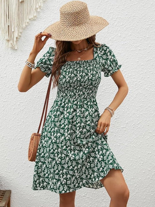 Berydress Women's Summer Dresses 2025 Pockets Short Sleeve Square Neck Flowy A Line Casual Boho Smocked Mini Sun Dress