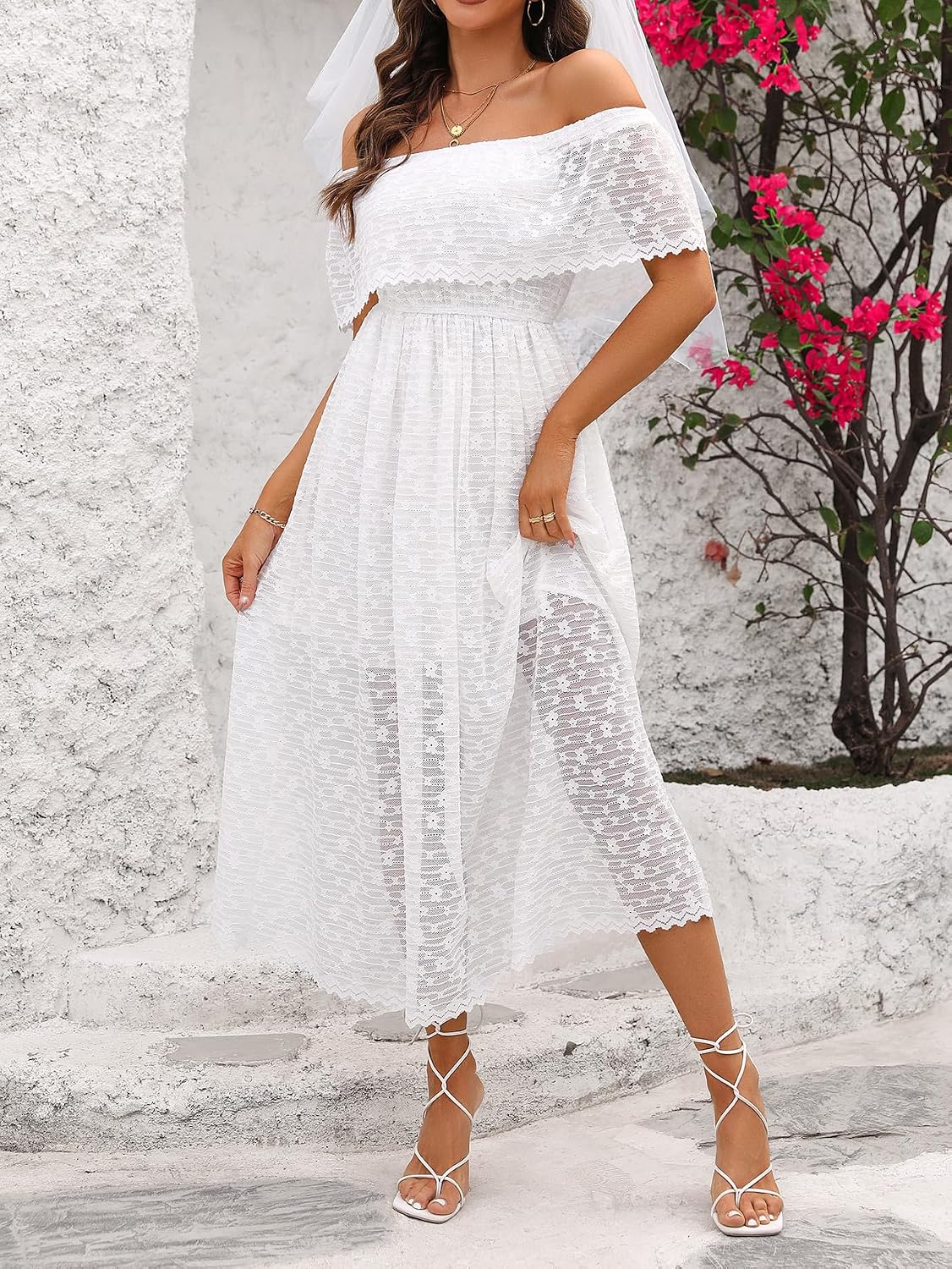 Kirundo Womens Lace Floral Off The Shoulder Ruffle Wedding Guest Maxi Dresses for Party Cocktail