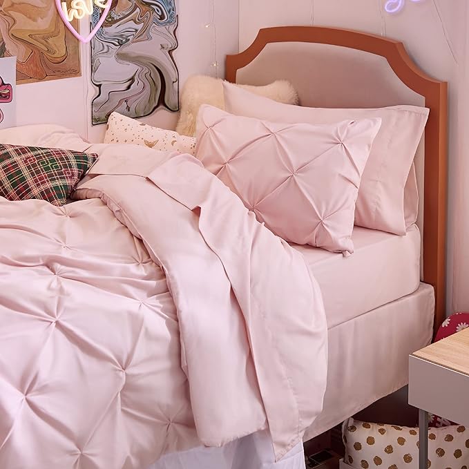 Bedsure Twin Comforter Pink for Women - Bed in a Bag Twin Size 1 Piece, GentleSoft™ Pintuck Bed Gift for Family, Pinch Pleat Pink Comforter