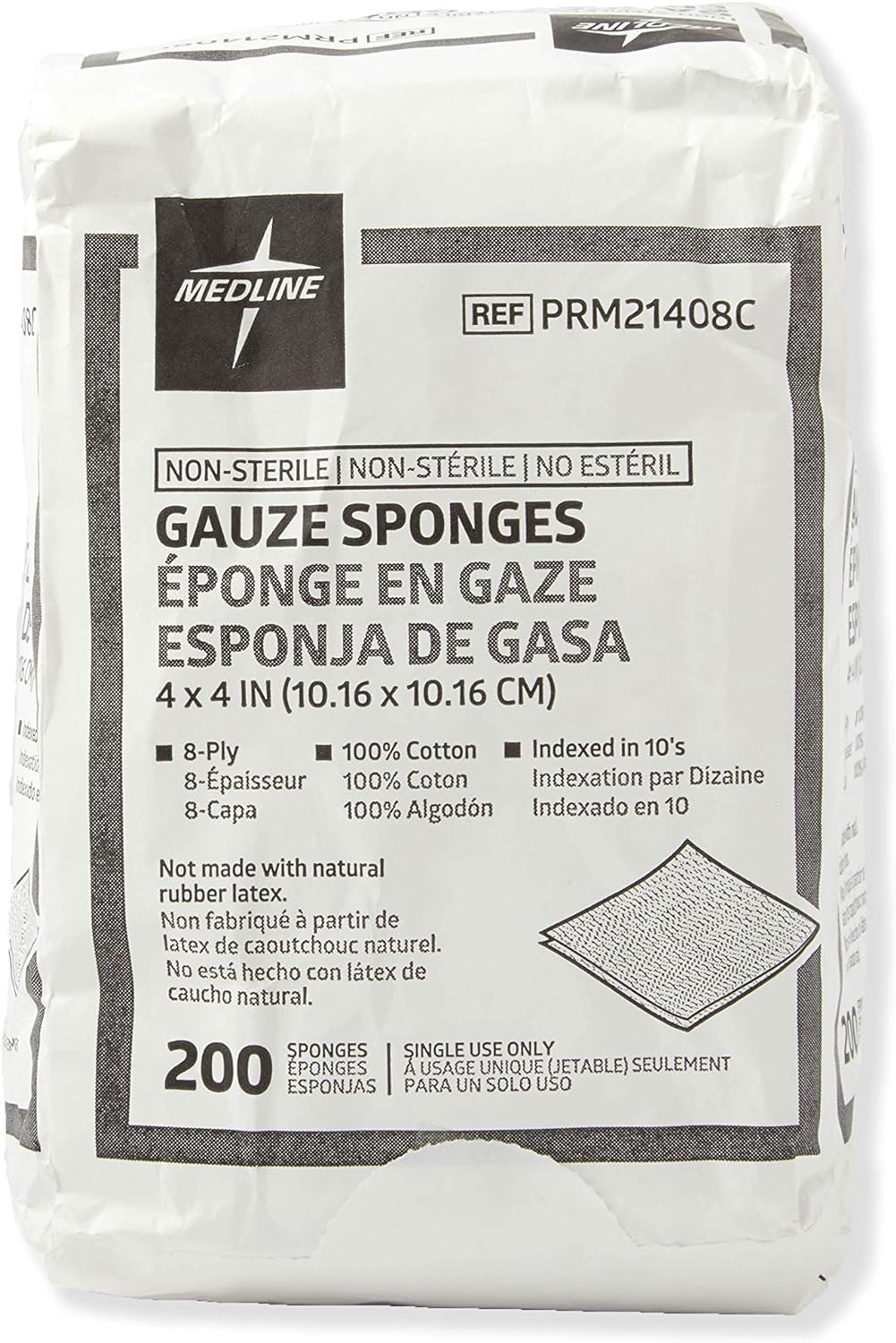 Medline 4 x 4 inch Gauze Sponges, 100% Cotton, 8-Ply Woven Non-Sterile Gauze (Pack of 200) (Packaging looks different)