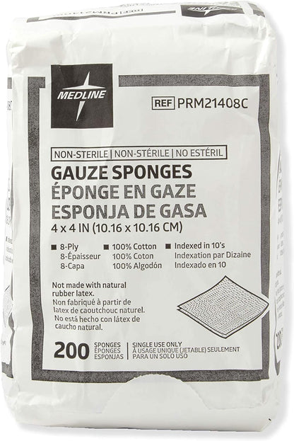 Medline 4 x 4 inch Gauze Sponges, 100% Cotton, 8-Ply Woven Non-Sterile Gauze (Pack of 200) (Packaging looks different)