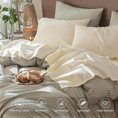 MooMee Bedding Sheet Set 100 Washed Cotton Linen Like Textured Breathable Durable Soft Comfy (Cream White, Queen)
