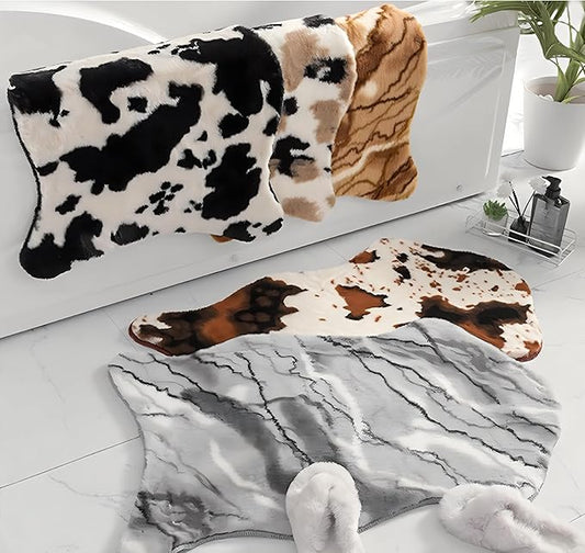 Coffee and White Cow Cute Bath mat,Faux Rabbit Fur Non-Slip Shaggy Water Absorbent Microfiber Soft Fluffy Bathroom Rugs,Washable for Home Decor Living Room Soft Plush Rug 23.6x35.4 inch