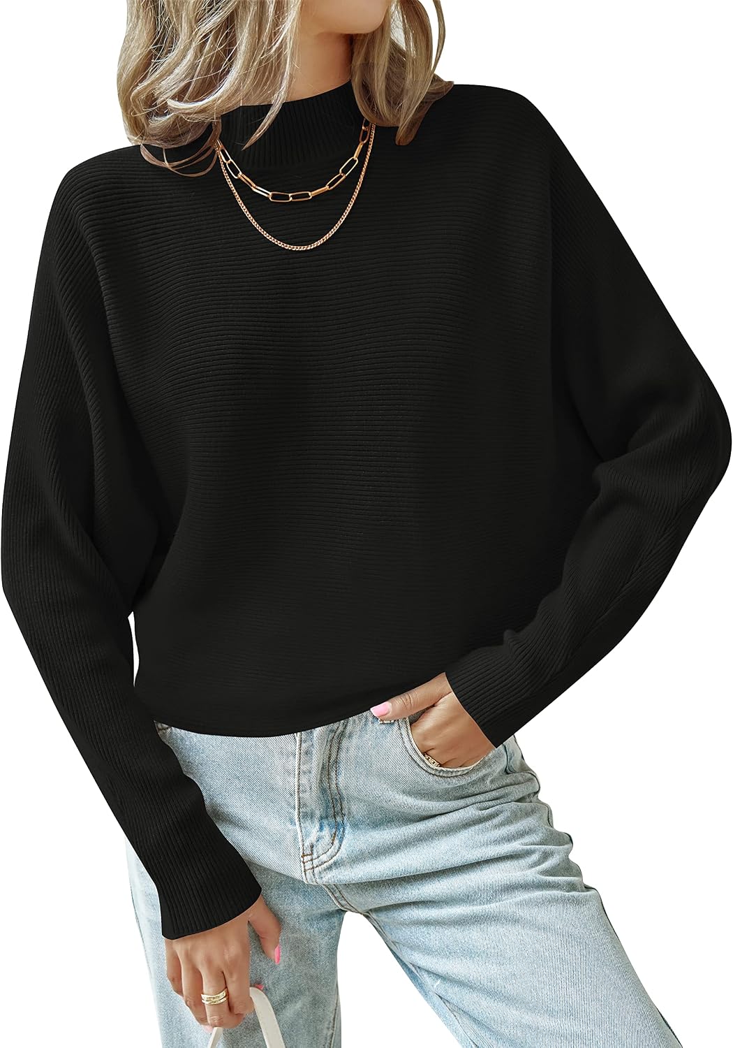 Women's Fall 2026 Turtleneck Batwing Long Sleeve Ribbed Knit Casual Soft Pullover Sweater Jumper Top