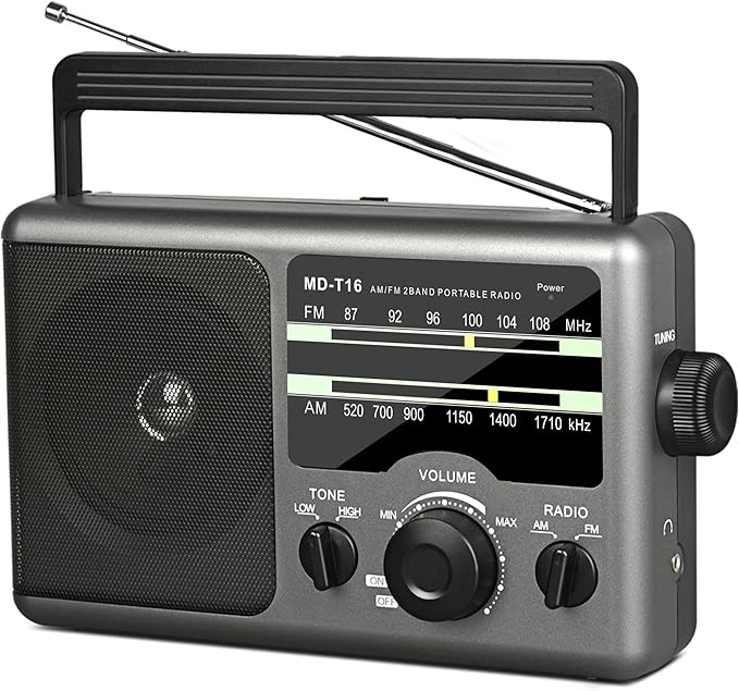 4X Portable AMFM Radio - Battery Operated (4 D Cell Batteries or AC Power) with Big Speaker, Standard Earphone Jack, HighLow Tone Mode, Large Knob
