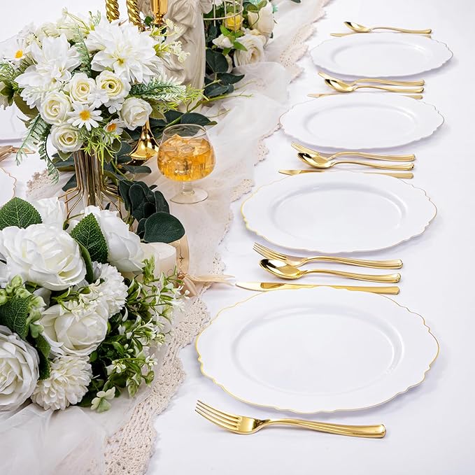 WDF 60pcs Gold Plastic Plates Gold Rimmed Plastic Plates -10.25inch Baroque White And Gold Plastic Wedding Plates Disposable Dinner Plates for Upscale Parties &Wedding