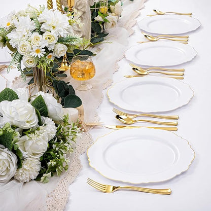 WDF 60pcs Gold Plastic Plates Gold Rimmed Plastic Plates -10.25inch Baroque White And Gold Plastic Wedding Plates Disposable Dinner Plates for Upscale Parties &Wedding