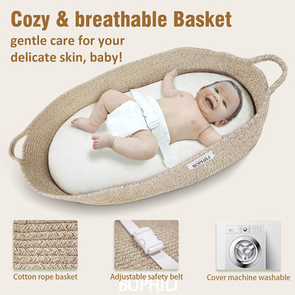 Baby Changing Basket Foldable Baby, Premium Handmade Cotton Rope Reinforced Moses Baskets Changing Table Topper, Built-in Security Strap (Warm Brown) (basket only)