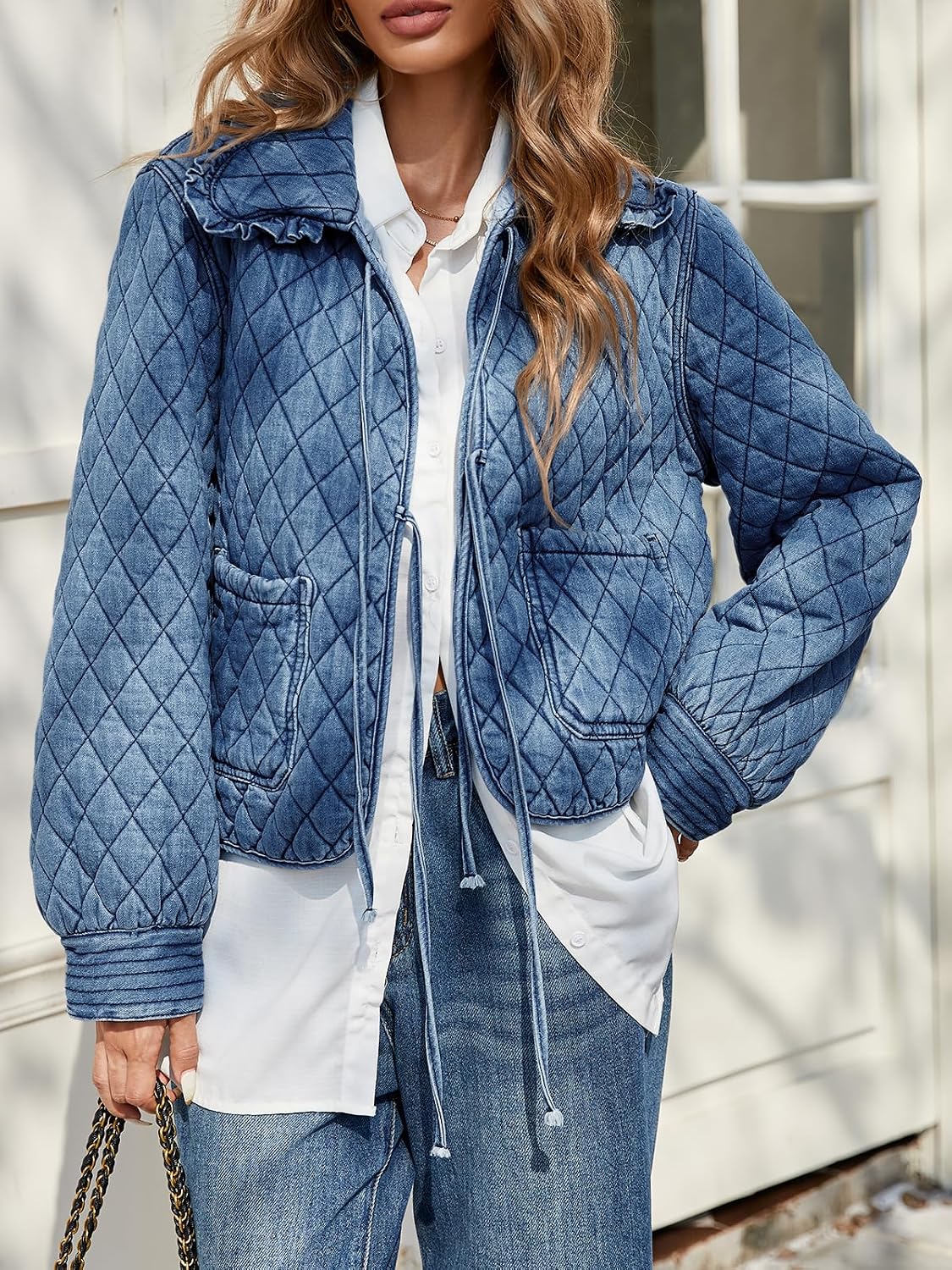 Medium Size, Tankaneo Womens Quilted Denim Puffer Jackets Tie Front Bow Cropped Puffy Jackets Fall Cute Short Jeans Coat.