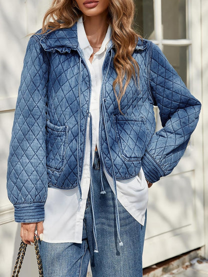 Medium Size, Tankaneo Womens Quilted Denim Puffer Jackets Tie Front Bow Cropped Puffy Jackets Fall Cute Short Jeans Coat.
