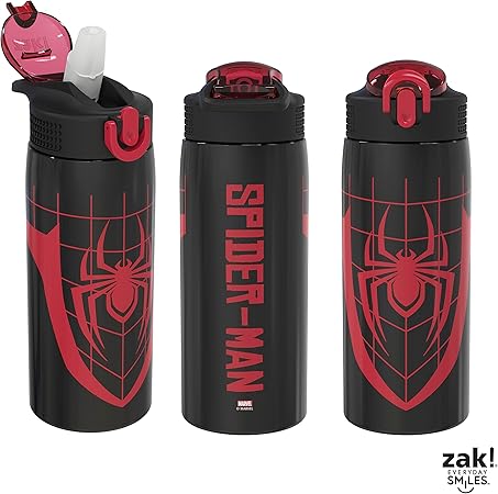 Zak Designs Marvel Spider-Man Water Bottle for Travel and At Home, 19 oz Vacuum Insulated Stainless Steel with Locking Spout Cover, Built-In Carrying Loop, Leak-Proof Design (Miles Morales)