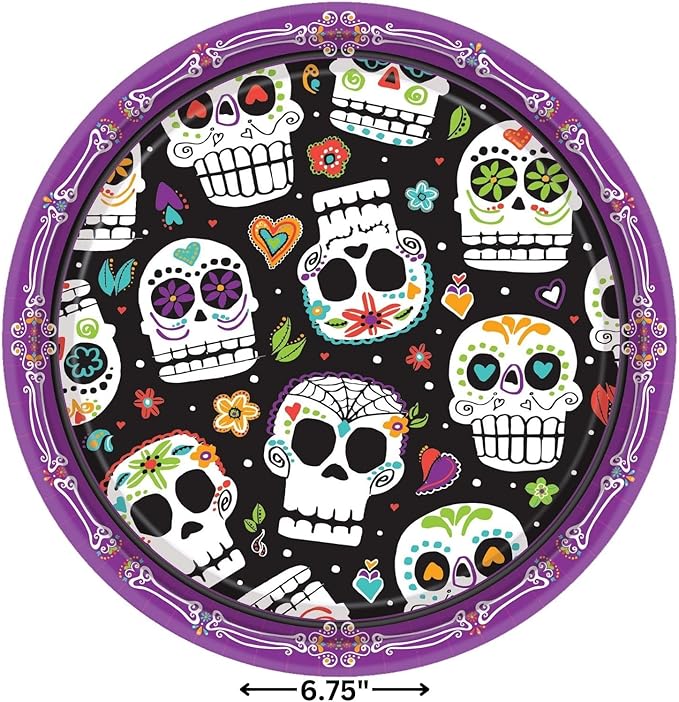 Amscan Bold & Festive Multicolor Sugar Skull Soiree Plates - 6.75" (Pack of 8) - Vibrant Design - Ideal for Festive Occasions & Celebrations