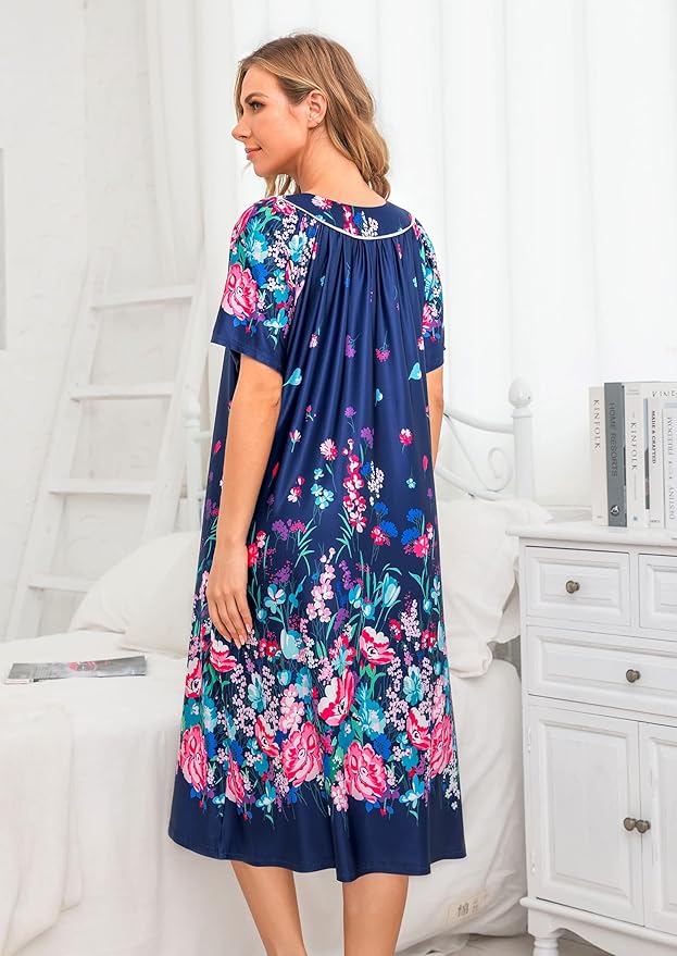 YOZLY House Dress for Women Short Sleeve House Coat Mumu Duster Robe with Pockets