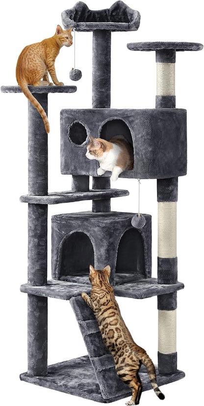 Yaheetech Cat tree tower, large plush multi-level condominium furniture with sisal scratching posts and 2 hanging balls gray color