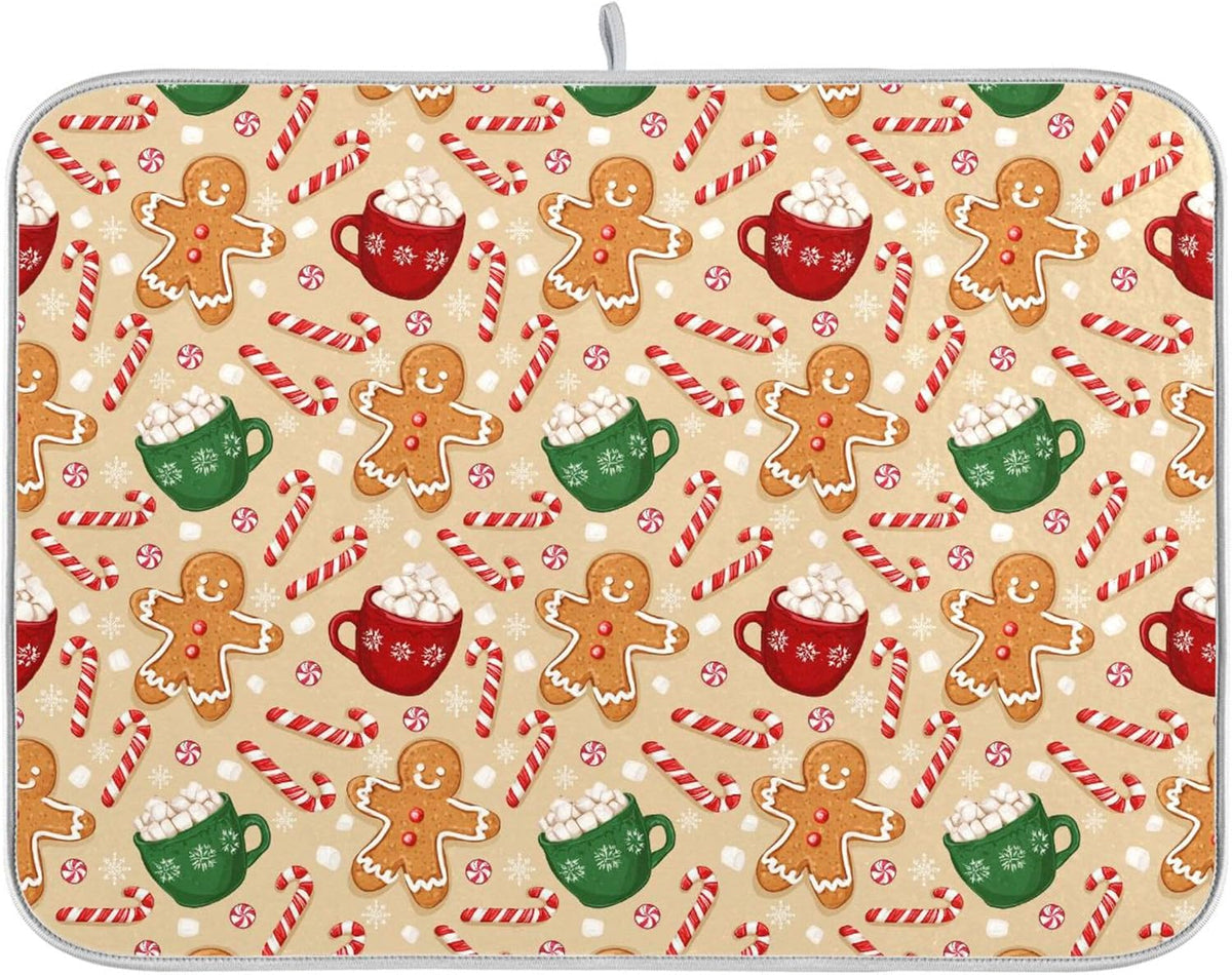 Christmas Gingerbread Man Candy Cane Dish Drying Mat for Kitchen Winter Snow Snowflake Snowman Xmas Microfiber Drying Mats Absorbent Reversible Dish Pad Medium Dish Draining Mat 16x18 inch