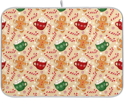 Christmas Gingerbread Man Candy Cane Dish Drying Mat for Kitchen Winter Snow Snowflake Snowman Xmas Microfiber Drying Mats Absorbent Reversible Dish Pad Medium Dish Draining Mat 16x18 inch