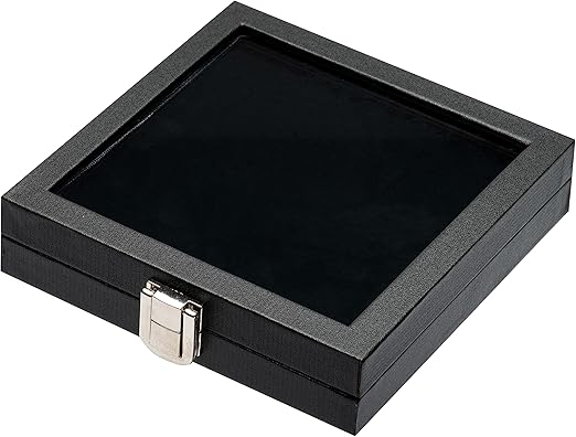 Jewelry Display Case Tempered Glass Top Lid Black Leatherette,Gemstone Display Case Jewelry Storage Box with Metal Clasp (Medium)
