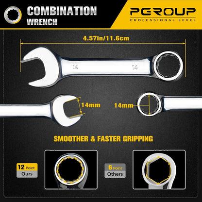 14 mm Metric Stubby Combination Wrench, CR-V Steel with Mirror Polish, 12-Point Design, 15-Degree Offset, Perfect for Auto Repair, Household, Car & Truck Emergency