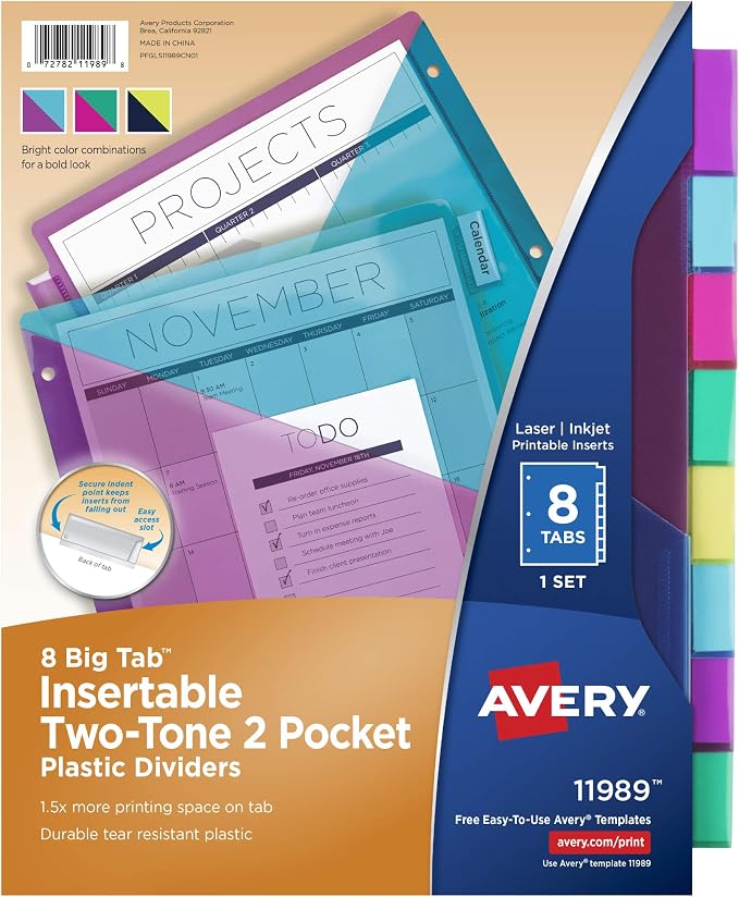 Avery Big Tab Insertable Plastic 2 Pocket Dividers for 3 Ring Binders, 8 Tab Set, Bright Two-Tone Multicolor, Works with Sheet Protectors, 1 Set (11989)