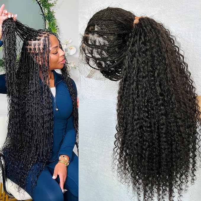 Braided Wig Human Hair Full Lace Boho Box Braids Wig Knotless 300Density Pre Plucked With Curly Ends Goddess Glueless Transparen Lace Wigs For Women Natural Color 12 Inch