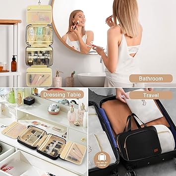 Travel Toiletry Bag, Large Toiletry Bag for Women with Jewelry Organizer Compartment Makeup Bag, Water-resistant Hanging Toiletry Bag for Travel Business Trips and Camping, Black