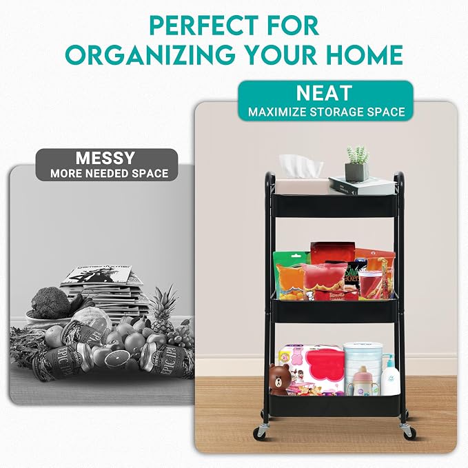 3 Tier Metal Rolling Cart on Wheels,Heavy Duty Utility Cart Sturdy 3 Tiered Rolling Storage Cart With Hooks, Great For Craft, Art Workspace, Kitchen ,Snack And Office Storage, Black