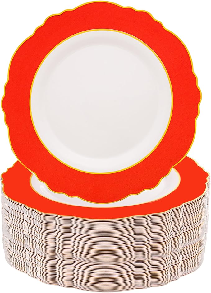WDF 60pcs Red valentines Plastic Plates Gold Rim - 10.25inch Red Dinner Plates Disposable Plates Table Decor for Christmas Party