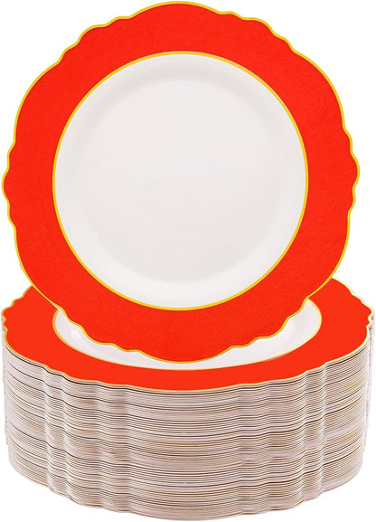 WDF 60pcs Red valentines Plastic Plates Gold Rim - 10.25inch Red Dinner Plates Disposable Plates Table Decor for Christmas Party