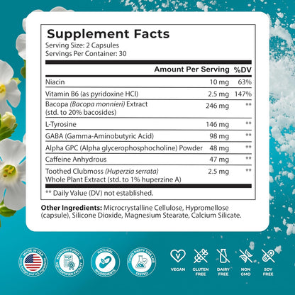 PUREHEALTH RESEARCH Ageless Brain - Supplements for Memory and Focus | Nootropic Brain Health Supplement - with Bacopa Monnieri, Alpha GPC, L-Tyrosine, Vitamin B6, Niacin & More - 60 Capsules