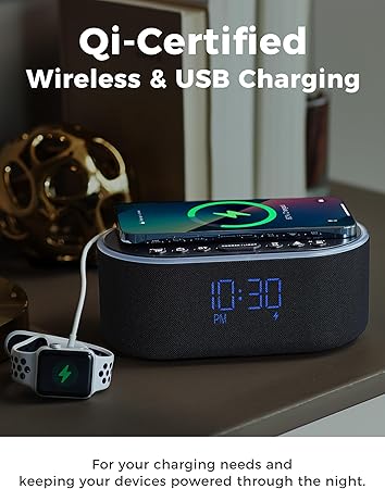 Wireless Charging Alarm Clock Radio: Qi Certified Fast Wireless Charger for iPhone Samsung - 10W Stereo Bluetooth Speaker - Dimmable Digital Clock with FM Radio for Bedroom Black