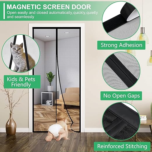 RELIANCER Fiberglass Magnetic Screen Door,36"x80" Door Mesh Screen w/Magnets,Fits Doors Up to 34.5"x78.5",Auto Closer Patio Door Net Screen,Hands Free Door Cover,Doorway Mesh Curtain,Mesh Partition