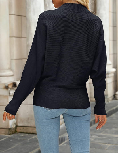 Women's Fall 2026 Turtleneck Batwing Long Sleeve Ribbed Knit Casual Soft Pullover Sweater Jumper Top