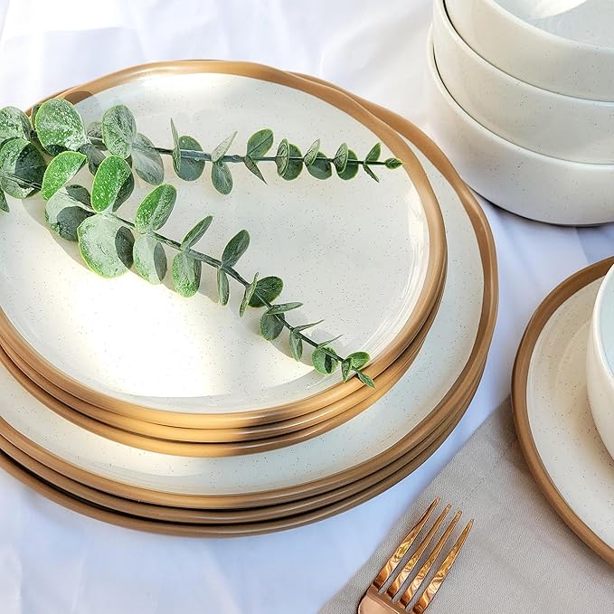 Lareina Plates and Bowls Set, 12 Pieces Ceramic Dinnerware Sets, Dishwasher Microwave Safe, Vanilla White