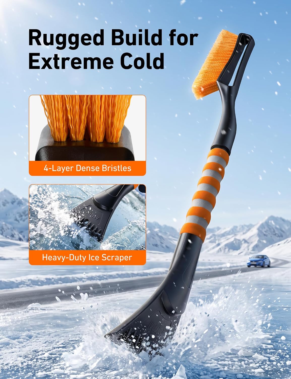 AstroAI 27" Snow Brush and Ice Scrapers for Car Windshield, Detachable Snow Scrapers with Ergonomic Foam Grip for Cars, Trucks, SUVs (Heavy Duty ABS, PVC Brush, Orange)