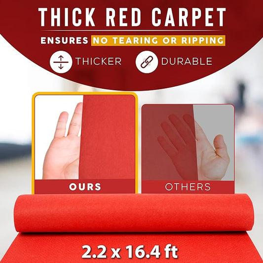 Red Carpet Runner for Party - Thick Durable Felt  Non-Slip Grip Dots  Rug Party Decorations - Wedding Ceremony Aisle Runner, Hollywood Oscars Grammy Event Runway