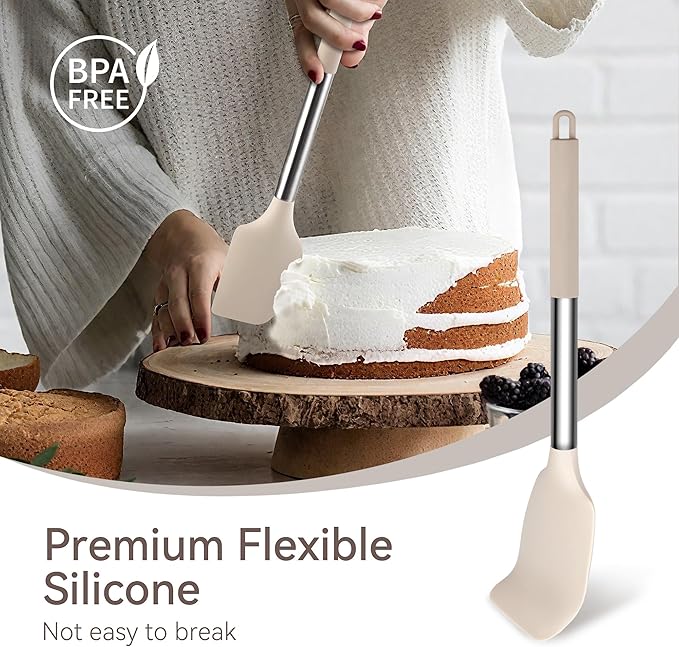Kitchen Utensils Set, 28 Pcs Silicone Cooking Utensils Set with Holder, Spatula Set, Silicone Whisk, Scissors, Measuring Cups and Spoons Set with Stainless Steel Handle Kitchen Gadgets (Khaki)
