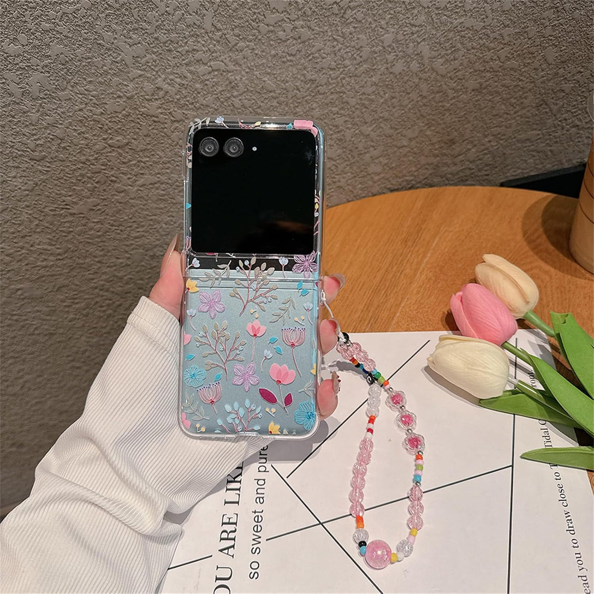 Clear Case Compatible with Motorola Razr Plus 2023 with Strap, Cute Flowers Pattern Shockproof Protective Cover Compatible with Moto Razr+ 2023 for Woman