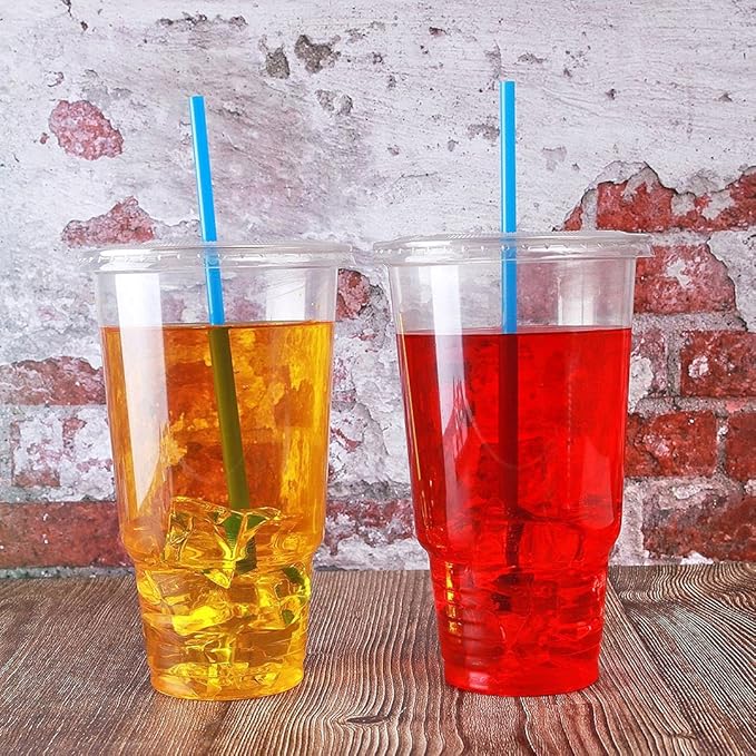 Disposable 32 oz clear Plastic Cups with Flat Lids with x hole,50 sets